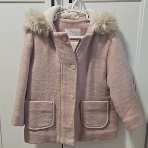 Zara Kids Blush Pink Puffer Coat with Faux Fur Hood